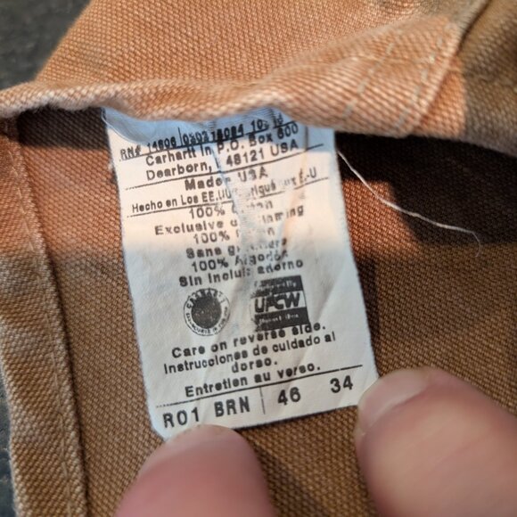Carhartt Overall Bibs Mens 46x34 Brown Double Knee Workwear Canvas Vintage XL - Picture 12 of 12